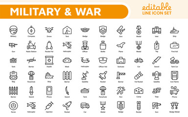 Military and War Icon Set. A powerful collection of icons representing defense and combat themes, perfect for enhancing educational materials, military websites, and historical projects.