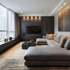 A modern living room with a large sectional sofa, a textured area rug, and a sleek black entertainment console.