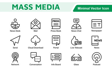 Mass media outline vector icons large set isolated on white background. media business concept. Media outline icons set.
