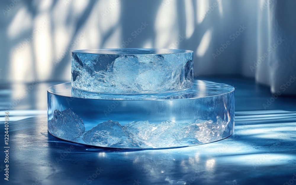 Poster minimalist crystal display with soft blue background and layered glass object