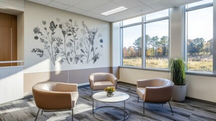 Fototapeta premium Elegant waiting area with minimalist furniture and scenic view through large windows