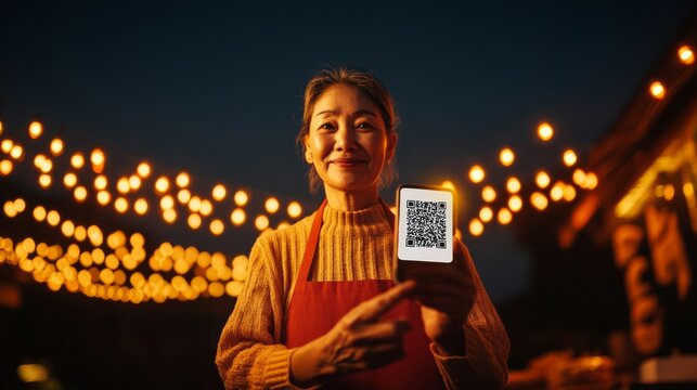 Urban Digital Harmony QR Mobile Payment at Korean Street Food Stall Amid Twilight - Enhancing Cultural Experiences with Tech for Small Business Growth