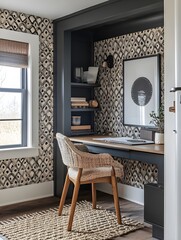 A modern office nook with a slim desk, bold geometric wallpaper, and hidden storage solutions.