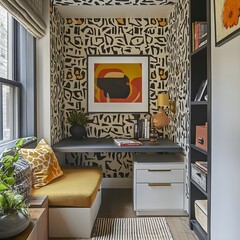 A modern office nook with a slim desk, bold geometric wallpaper, and hidden storage solutions.