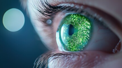 Biometric Eye Scan Macro shot of an eye with digital HUD elements and data points during biometric verification, green and white color scheme