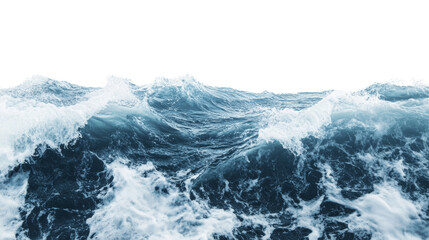 A dramatic close-up of powerful ocean waves with whitecaps and foam, creating a turbulent and dynamic seascape.