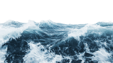 A dramatic close-up of powerful ocean waves with whitecaps and foam, creating a turbulent and dynamic seascape.