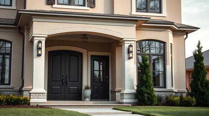 Fototapeta premium Luxury House Exterior: Modern Home Design and Architecture. Real Estate Photography showcasing a beautiful home entrance, landscaping, and architectural details.