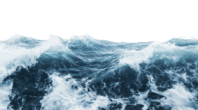 A dramatic close-up of powerful ocean waves with whitecaps and foam, creating a turbulent and dynamic seascape.