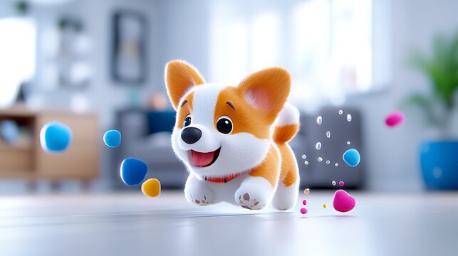Playful Cartoon Corgi Puppy Running Through Colorful Room