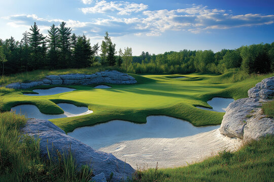 Golf course with lush green fairways and bunkers set against a backdrop of rolling hills at Pine Valley Resort.