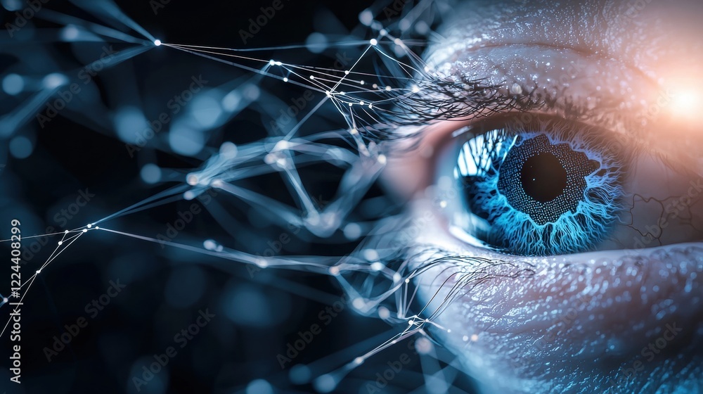 Poster eye tracking technology computer screen displaying eye tracking software interface, close up of eye 