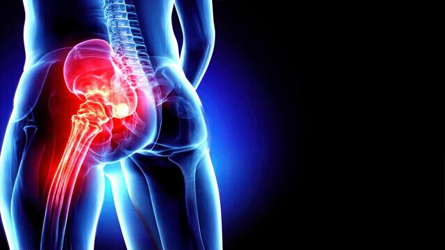 X ray of human body with red pain area in hip joint for contrast, arthritis and joint health theme on simple background with clear focus on discomfort