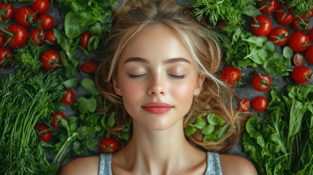 Peaceful Young Woman Surrounded by Fresh Vegetables, Promoting Healthy Living and Natural Beauty