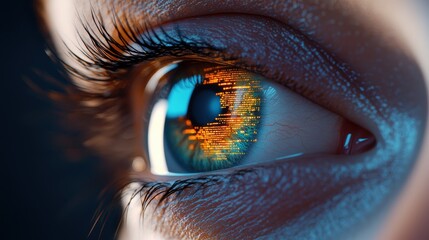 eye Data Visualization Human eye reflecting digital code and data visualizations, futuristic technology theme