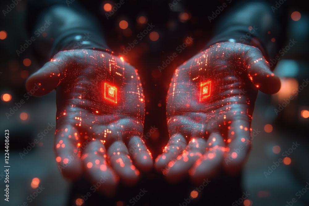 Poster cybersecurity alert businessman holographic interface data breach ransomware malware warning caution