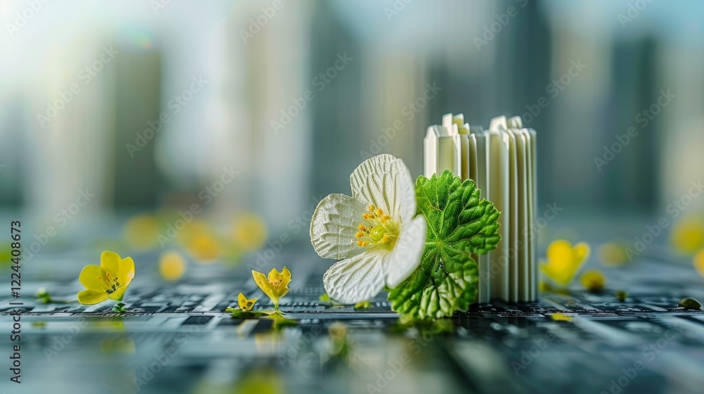 Poster sustainable architecture innovative paper structures and greenery on a light background