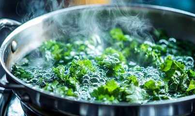 Steaming greens cooking in pot on stovetop, kitchen, healthy food preparation