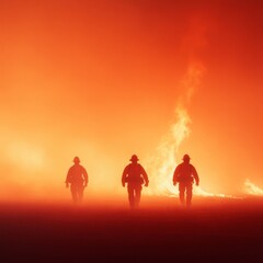 Fototapeta premium Moody Heroic Imagery Firefighters Silhouetted in Inferno for Safety Campaigns - Resilient Emergency Services Marketing and Community Protection
