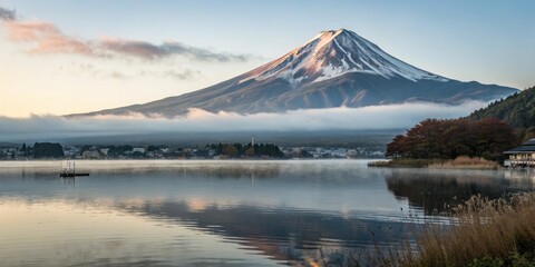 Fototapeta premium Mountain Fuji in Morning Fog at Lake Kawaguchiko, morning fog, japan landscape, tranquil lake, scenic view