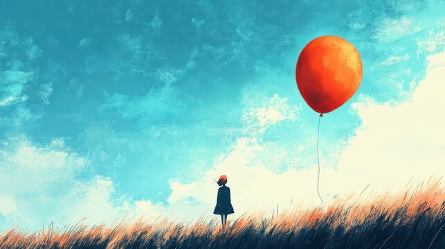 Girl Watching Orange Balloon Float Away In Sky