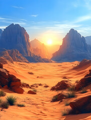 Naklejka premium Desert sunset landscape; majestic mountains, orange sand dunes; peaceful background, travel photography