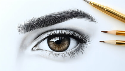 Detailed eye drawing, pencils nearby, white background; beauty tutorial illustration