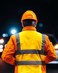 Fototapeta premium Dynamic Urban Safety Modern Traffic Control with Reflective Gear and Hand Signals - Enhancing Road Safety in High-Density Metropolises for Civic Operations