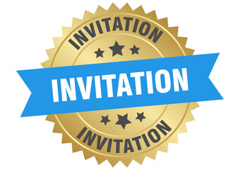 invitation. invitation round blue and gold label isolated on transparent background