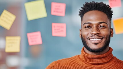 Urban Innovation Workspace Young Black Professional in Modern Glass-Walled Meeting Room - Dynamic Team Leadership and Visual Collaboration in Corporate Environments