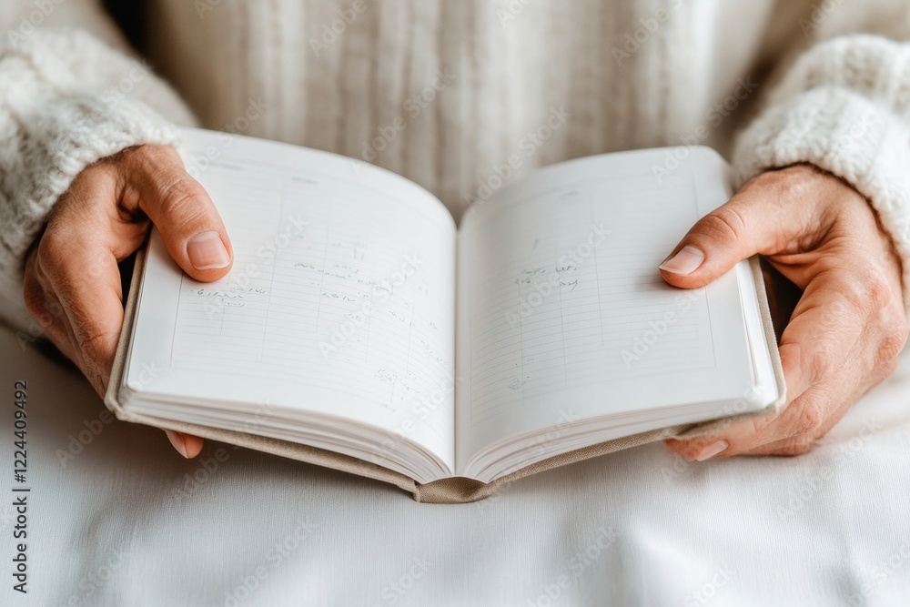 Poster mindful planning cozy close-up of hands with handwritten daily planner on soft fabric - enhanced tim