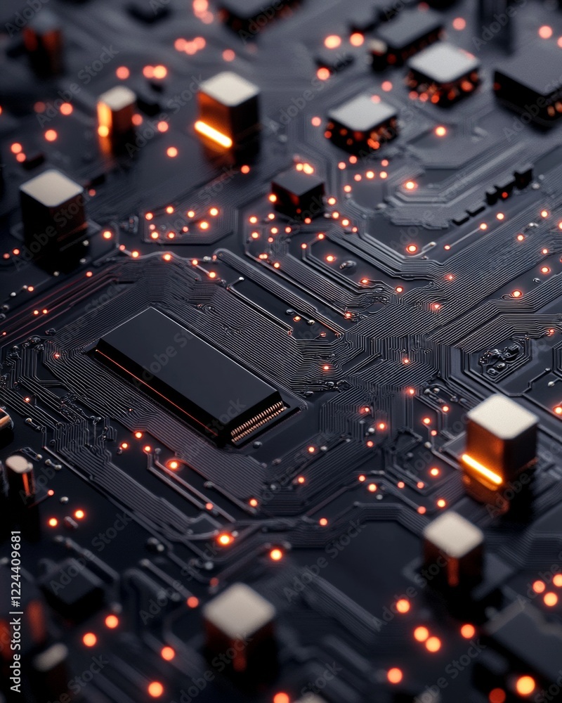Leinwandbilder neon tech aesthetic circuit board with glowing nodes in matte black - enhancing connectivity and com