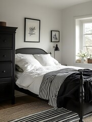 A monochrome bedroom with black furniture, white walls, and a bold striped area rug.