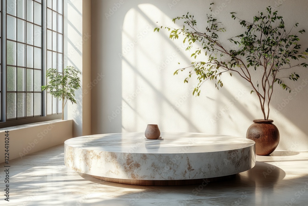 Poster minimalist round marble table with soft natural light and abstract shadows on white wall for product