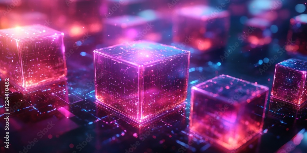 Poster futuristic abstract composition with neon illuminated cubes in cyberpunk style