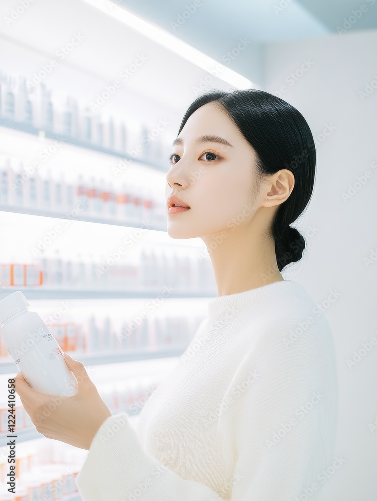 Poster minimalist tech experience korean woman engaged with automated self-checkout kiosk in brightly lit, 