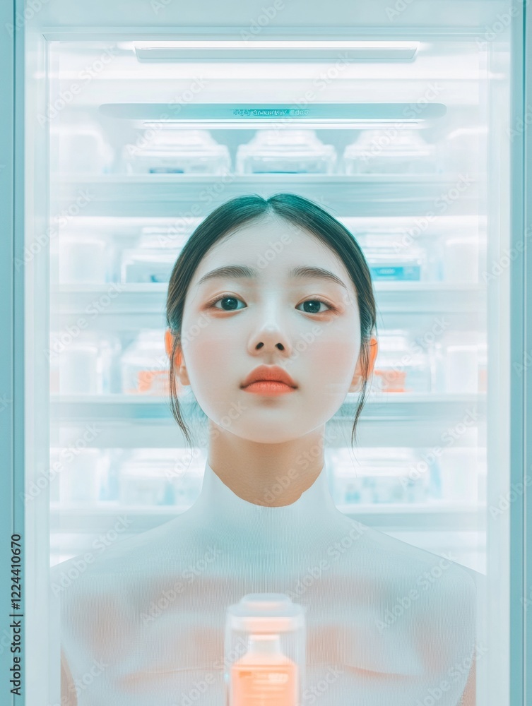 Poster futuristic retail experience korean woman engaging smart checkout with minimalist tech design in dyn