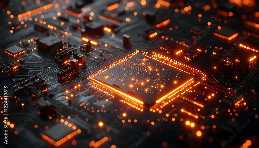 Poster glowing cpu on circuit board, technological background; for tech articles