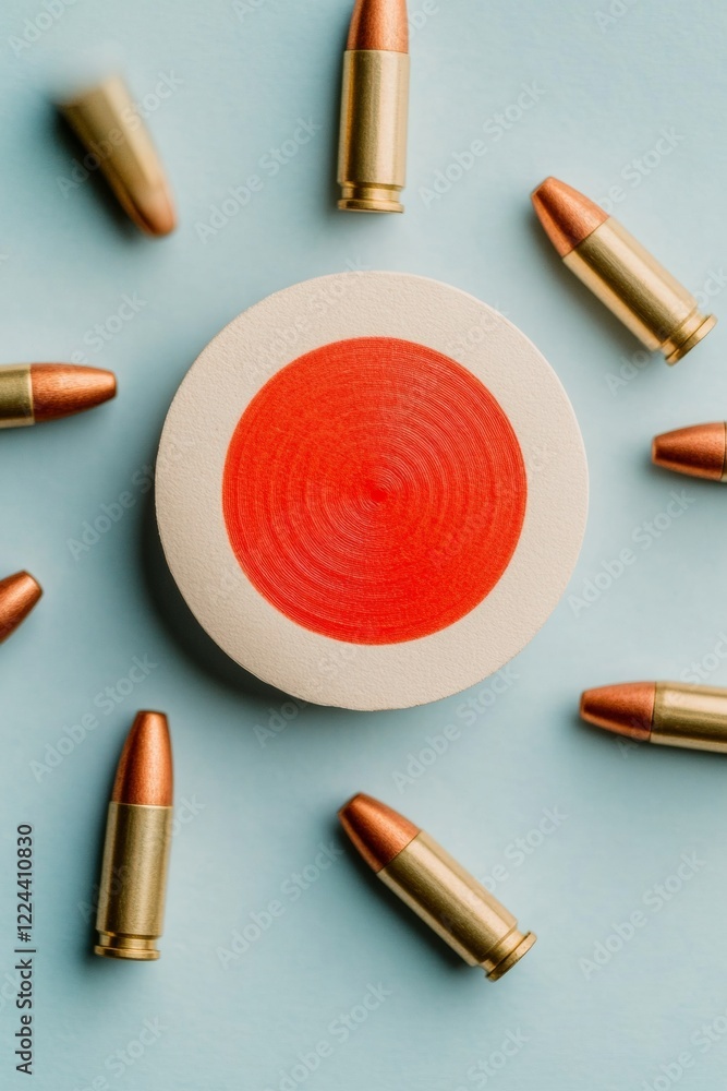 Poster modern precision target setup minimalist bullseye with brass ammunition on soft blue surface - strat
