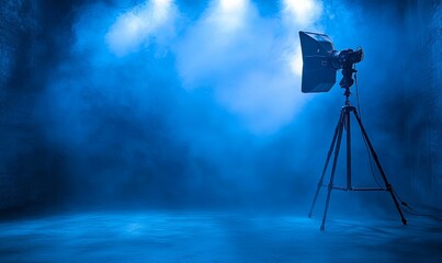 Studio spotlight on tripod in smoky blue room, ready for photoshoot or filming