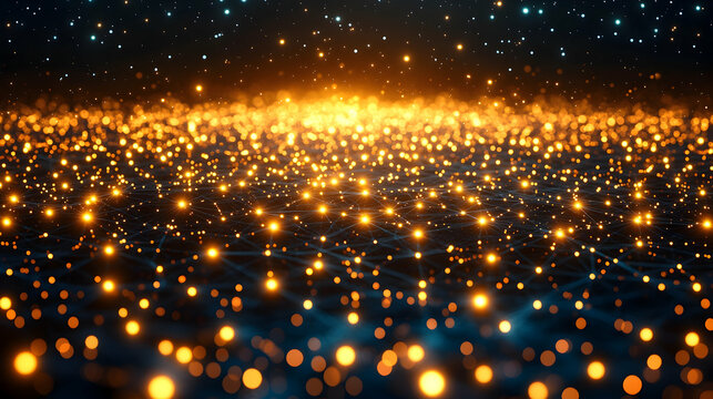 Golden network nodes glow, cosmic background, digital connection, tech concept