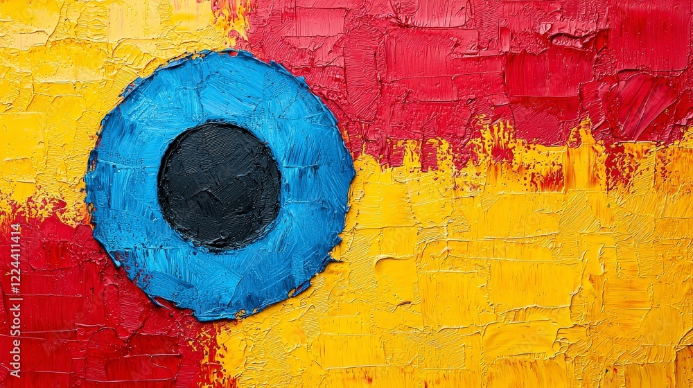 Poster colorful abstract expression of texture and shape with blue circle on bright red and yellow canvas b