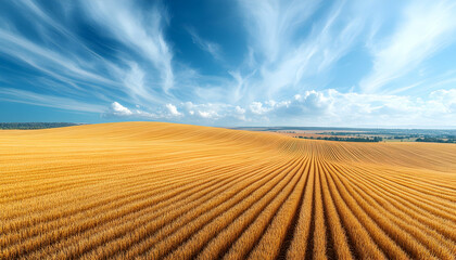 Fototapeta premium Golden wheat field under a blue summer sky, rolling hills in the distance; idyllic rural landscape, perfect for travel brochures