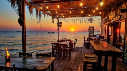 Scenic tropical beach bar at sunset featuring tiki torches and breathtaking ocean views