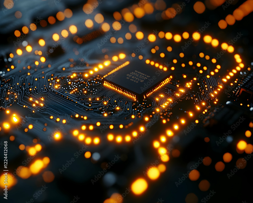 Poster illuminated cpu on circuit board, close-up technology background, for tech articles