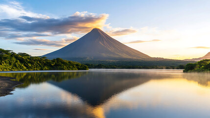 Mount Fuji volcano reflects in lake at sunset with dramatic clouds and glowing orange sky on tranquil autumn evening in Japan