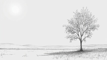 Fototapeta premium Solitary tree in a minimalist landscape sketch.