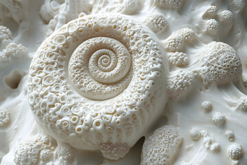 Intricate spiral shell amidst organic forms, abstract background, scientific visualization, perfect for educational materials