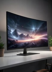 Fototapeta premium Isolated curved screen monitor surrounded by soft LED lights, sleek lines, ambient glow, futuristic design, soft lighting, workspace ambiance