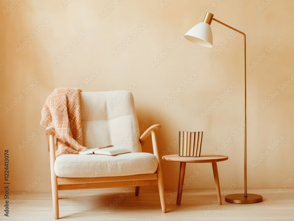 Aufkleber cozy minimalist reading nook soft-textured armchair and warm lighting with wooden table - enhancing 